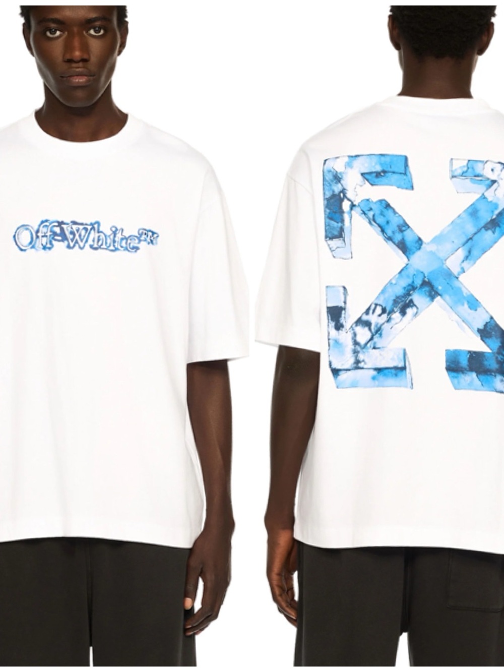 Off-White c/o Virgil Abloh White Tee with Blue Tie-Dye Logo Print Small